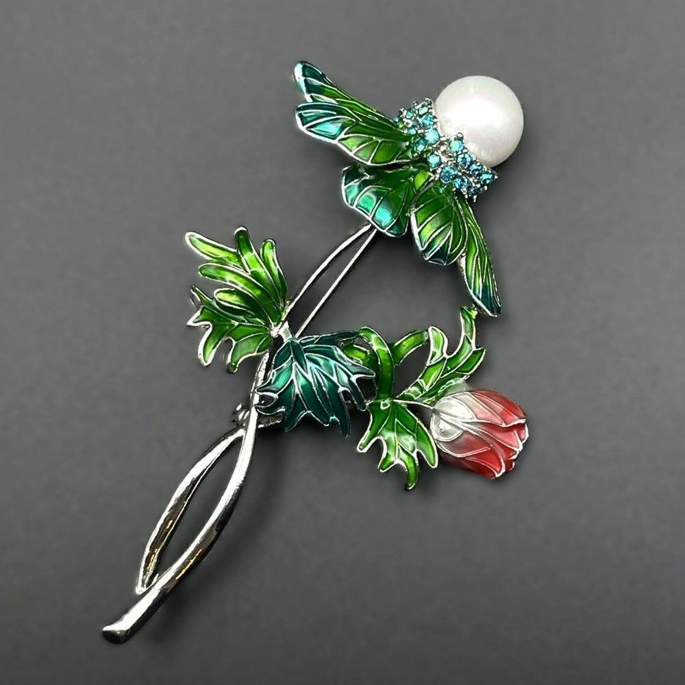 Silver with Blue Iridescent AB Crystal Rose and Pearl Flower Pin Back Brooch